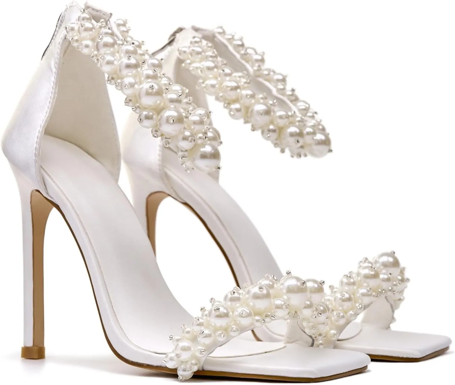 GOSERCE Women's Pearl Stiletto Heels Sandals Open Square Toe Pumps High Heels Ankle Back Zipper Satin Prom Wedding Party Dress for Women Heeled