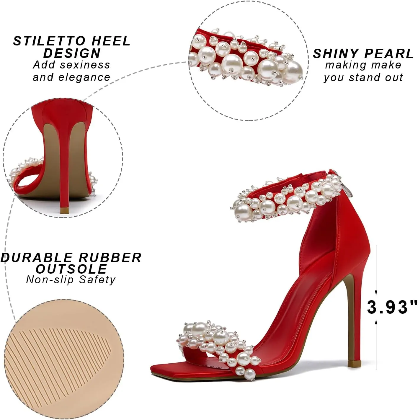 GOSERCE Women's Pearl Stiletto Heels Sandals Open Square Toe Pumps High Heels Ankle Back Zipper Satin Prom Wedding Party Dress for Women Heeled