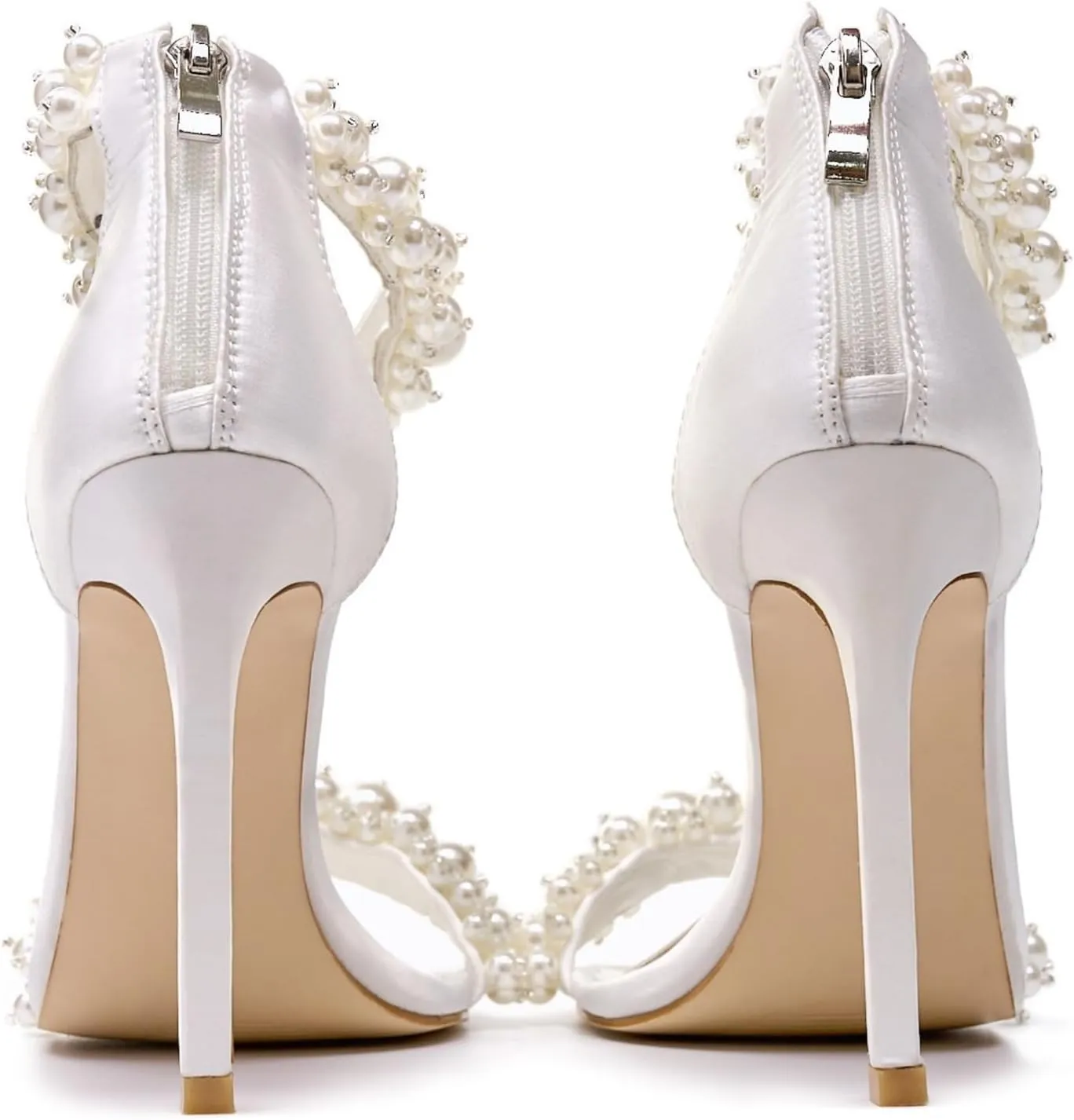 GOSERCE Women's Pearl Stiletto Heels Sandals Open Square Toe Pumps High Heels Ankle Back Zipper Satin Prom Wedding Party Dress for Women Heeled