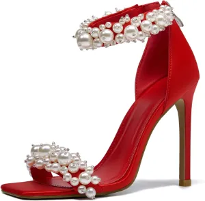 GOSERCE Women's Pearl Stiletto Heels Sandals Open Square Toe Pumps High Heels Ankle Back Zipper Satin Prom Wedding Party Dress for Women Heeled