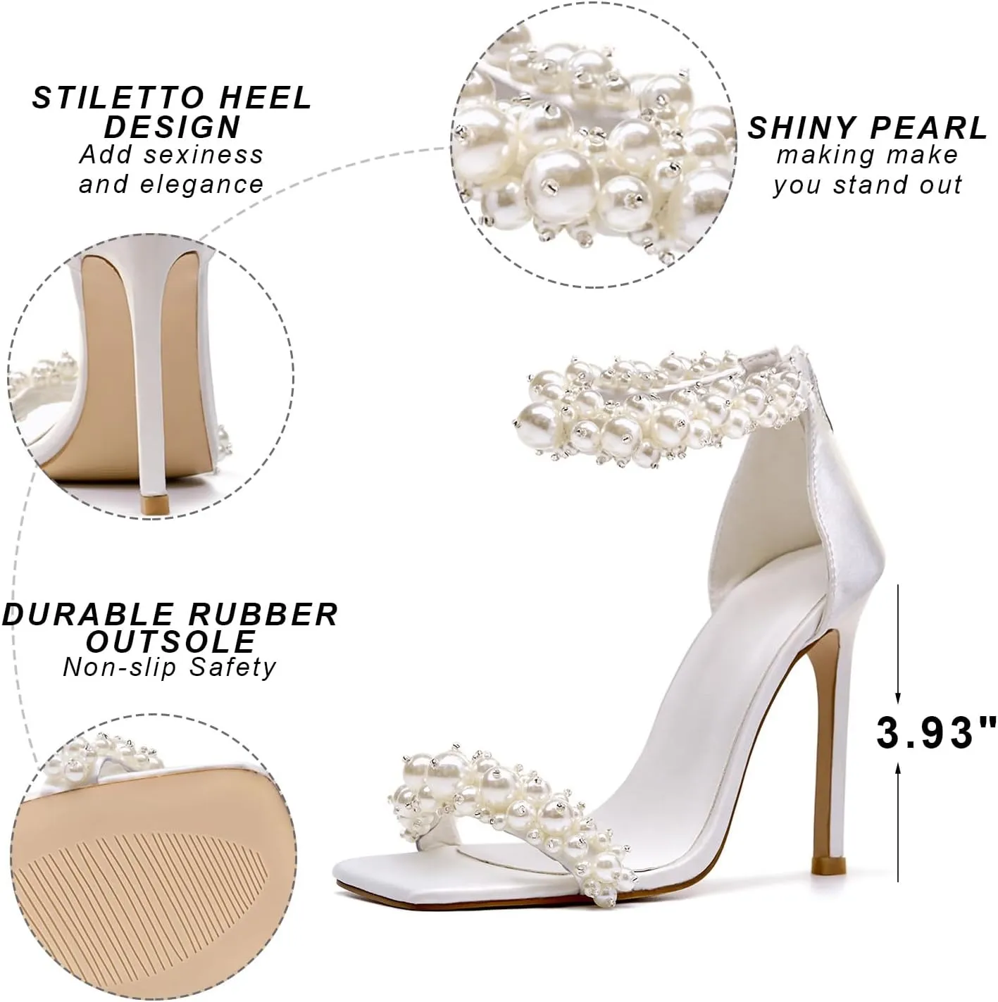 GOSERCE Women's Pearl Stiletto Heels Sandals Open Square Toe Pumps High Heels Ankle Back Zipper Satin Prom Wedding Party Dress for Women Heeled