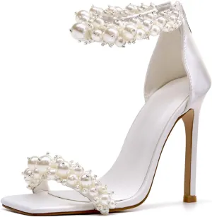 GOSERCE Women's Pearl Stiletto Heels Sandals Open Square Toe Pumps High Heels Ankle Back Zipper Satin Prom Wedding Party Dress for Women Heeled