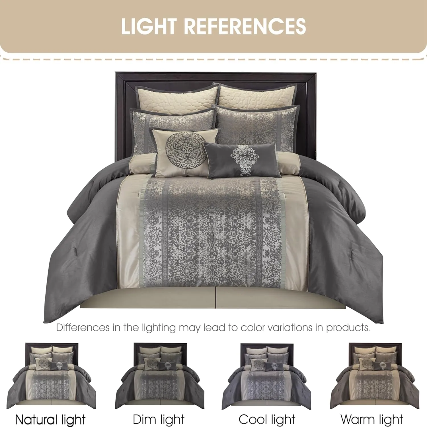Grand Avenue Silver/Ivory Damask Patchwork Comforters Queen Size Set, 8 Piece, Jacquard Pillow Sham, Bedskirt, Decorative Pillow, All Season Bedding Set