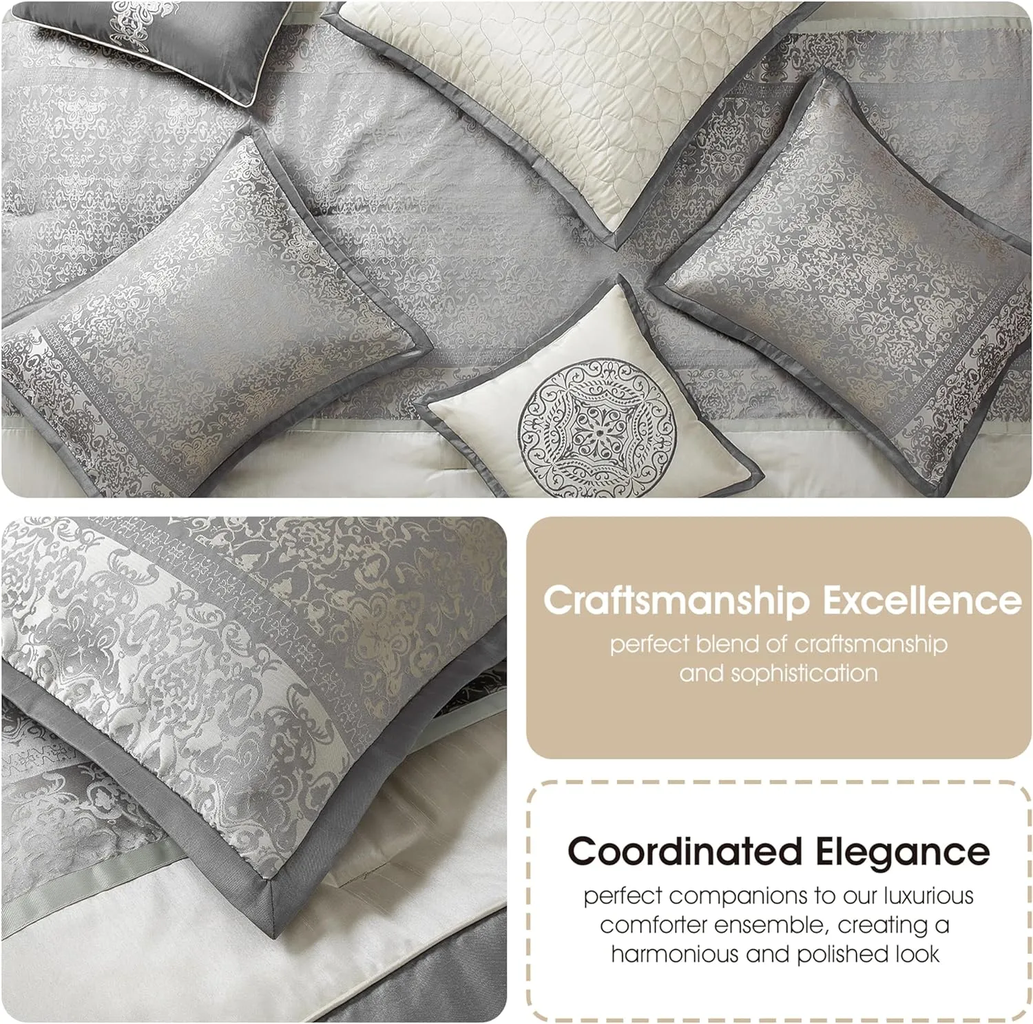 Grand Avenue Silver/Ivory Damask Patchwork Comforters Queen Size Set, 8 Piece, Jacquard Pillow Sham, Bedskirt, Decorative Pillow, All Season Bedding Set