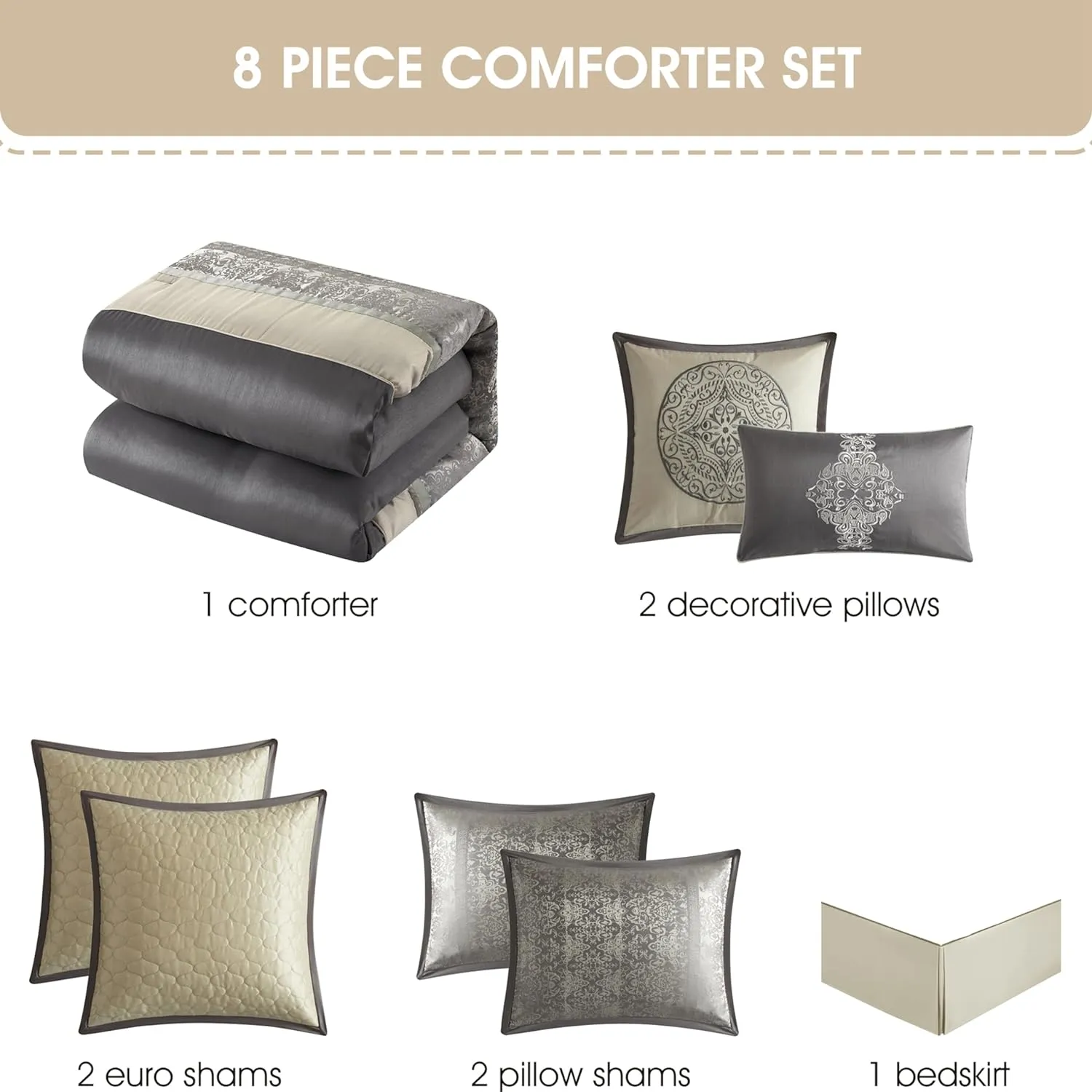 Grand Avenue Silver/Ivory Damask Patchwork Comforters Queen Size Set, 8 Piece, Jacquard Pillow Sham, Bedskirt, Decorative Pillow, All Season Bedding Set