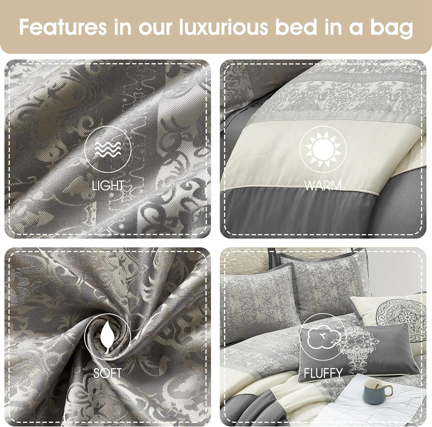 Grand Avenue Silver/Ivory Damask Patchwork Comforters Queen Size Set, 8 Piece, Jacquard Pillow Sham, Bedskirt, Decorative Pillow, All Season Bedding Set