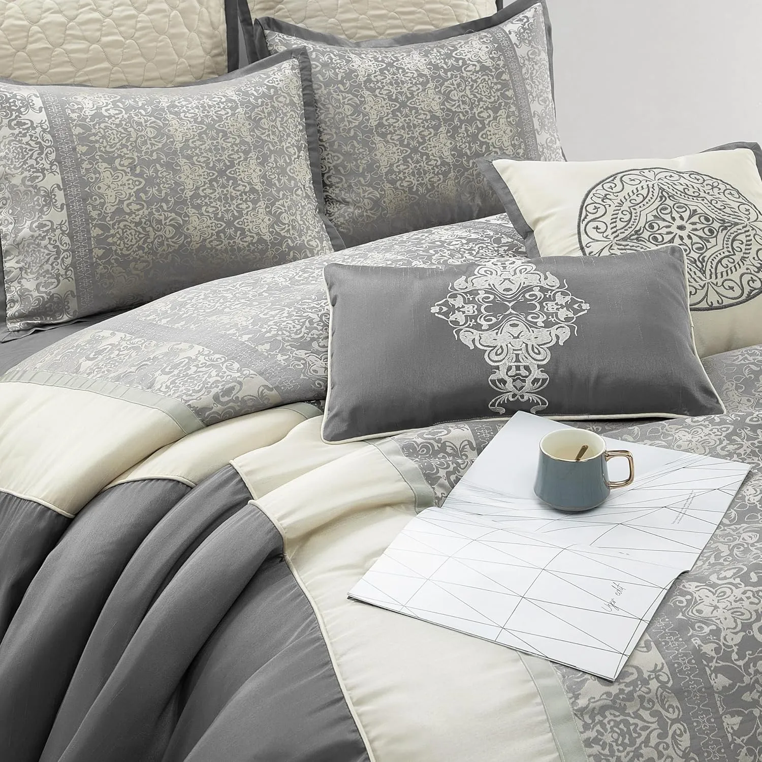 Grand Avenue Silver/Ivory Damask Patchwork Comforters Queen Size Set, 8 Piece, Jacquard Pillow Sham, Bedskirt, Decorative Pillow, All Season Bedding Set