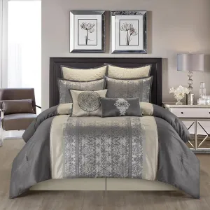 Grand Avenue Silver/Ivory Damask Patchwork Comforters Queen Size Set, 8 Piece, Jacquard Pillow Sham, Bedskirt, Decorative Pillow, All Season Bedding Set