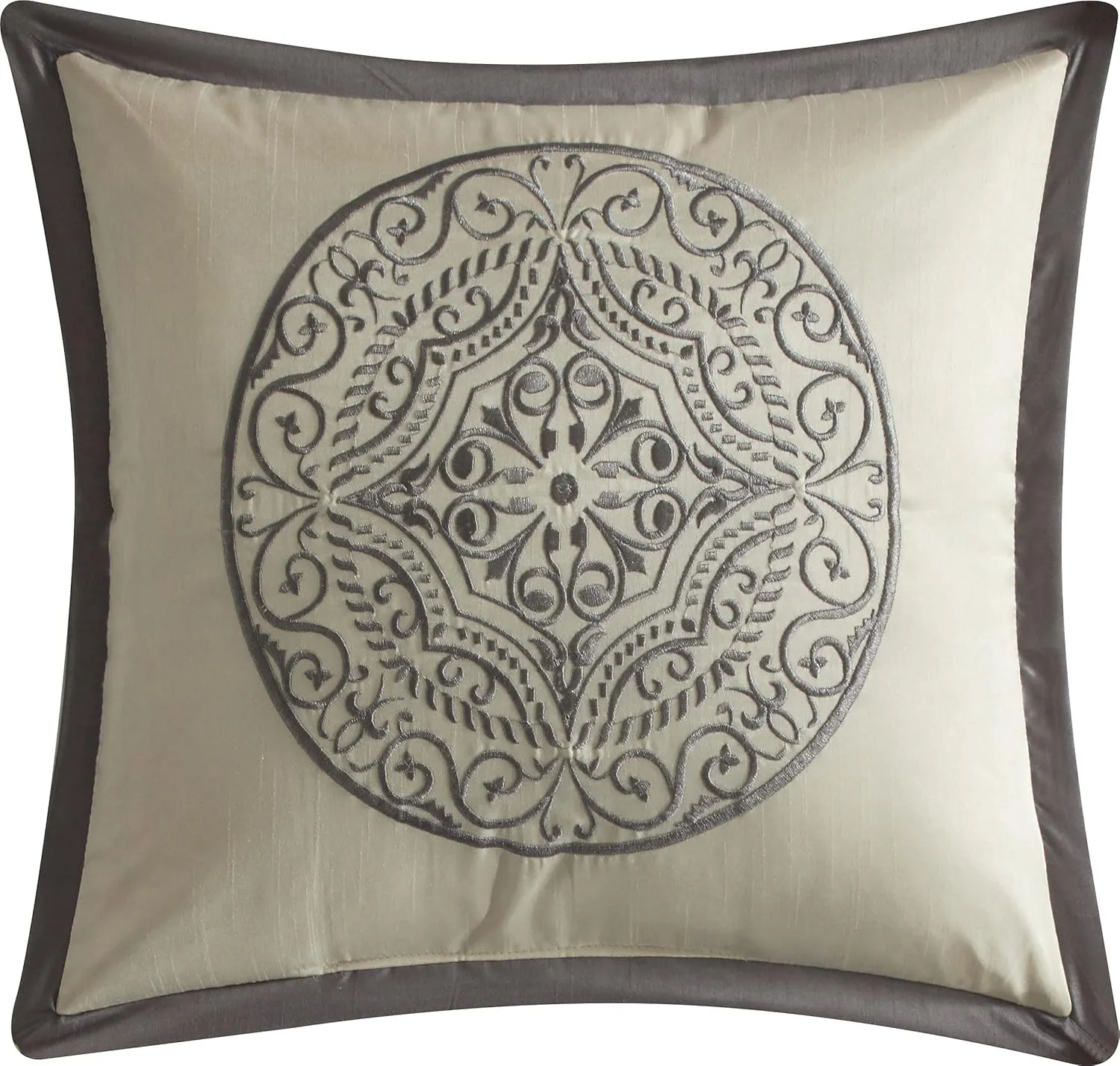 Grand Avenue Silver/Ivory Damask Patchwork Comforters Queen Size Set, 8 Piece, Jacquard Pillow Sham, Bedskirt, Decorative Pillow, All Season Bedding Set