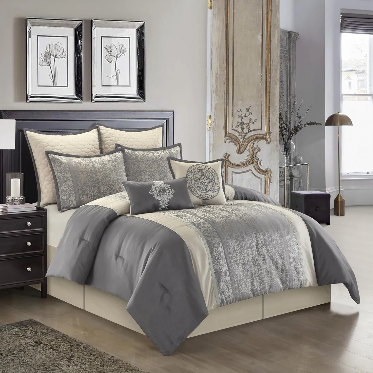 Grand Avenue Silver/Ivory Damask Patchwork Comforters Queen Size Set, 8 Piece, Jacquard Pillow Sham, Bedskirt, Decorative Pillow, All Season Bedding Set