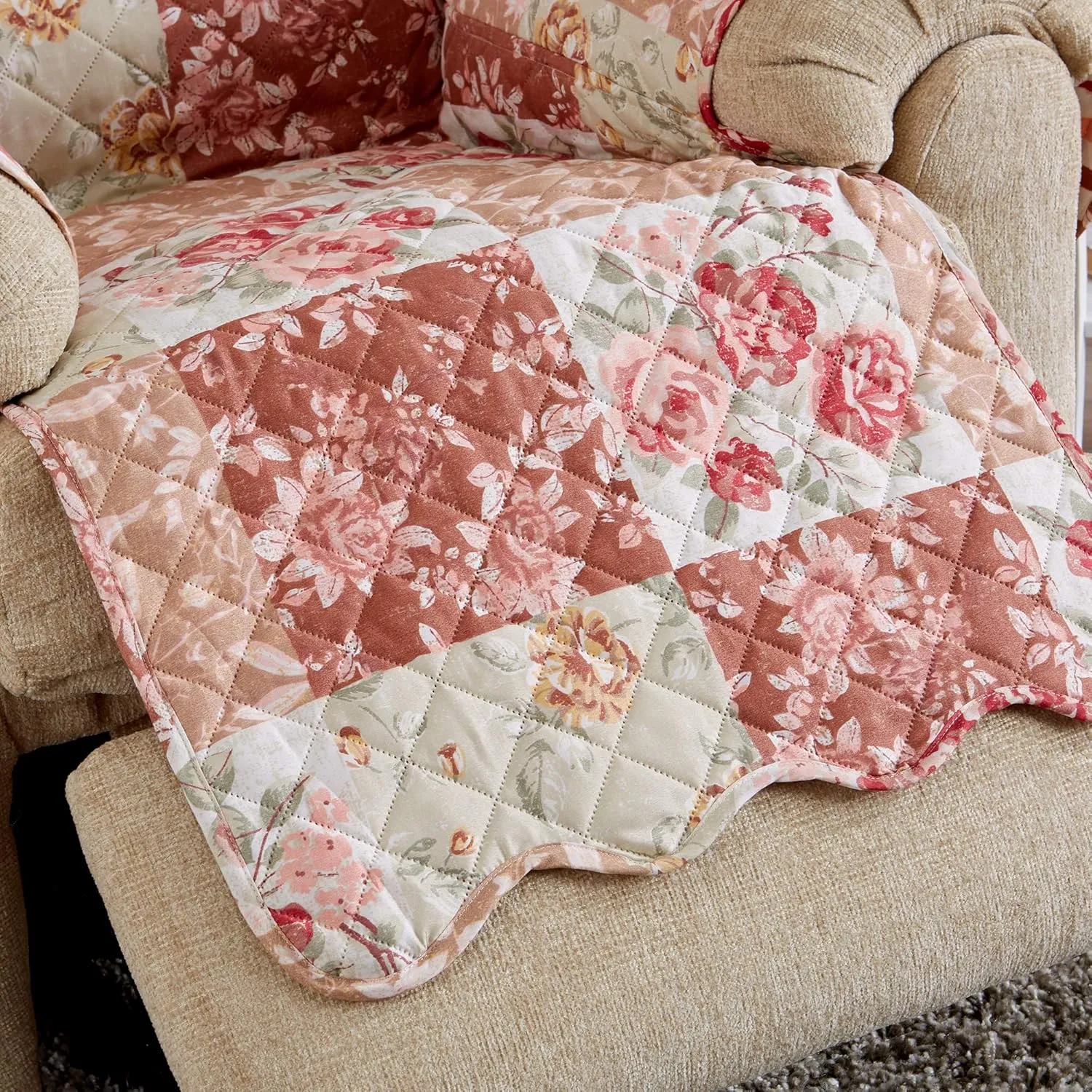 Great Bay Home Reversible Floral Patchwork Furniture Protector Scalloped Edge Stain Resistant Printed Furniture Protector Maribel Collection (Recliner, Burgundy/Taupe)