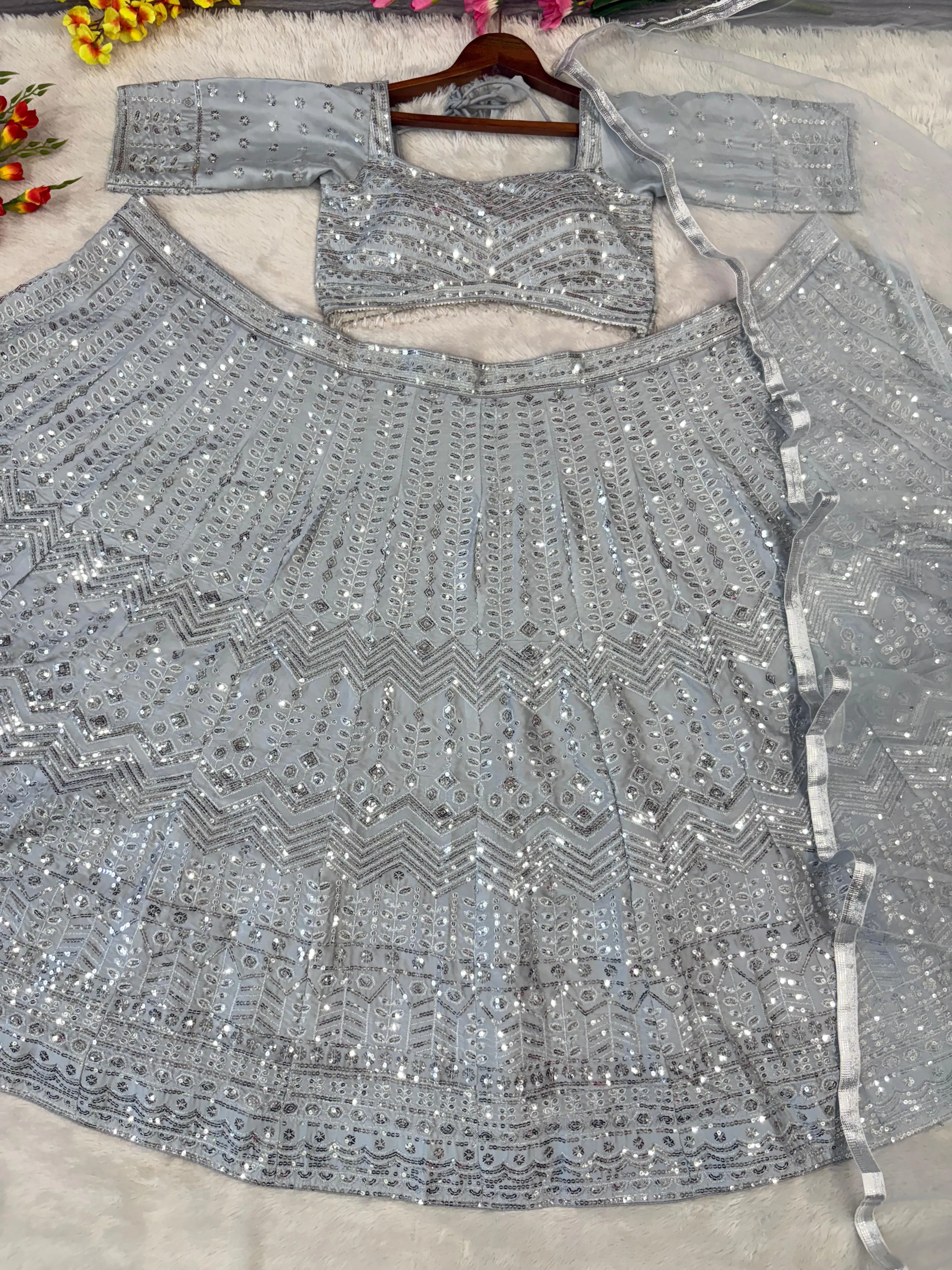 Grey Color Silk Sequence Work Semi Stitched Lehenga Choli