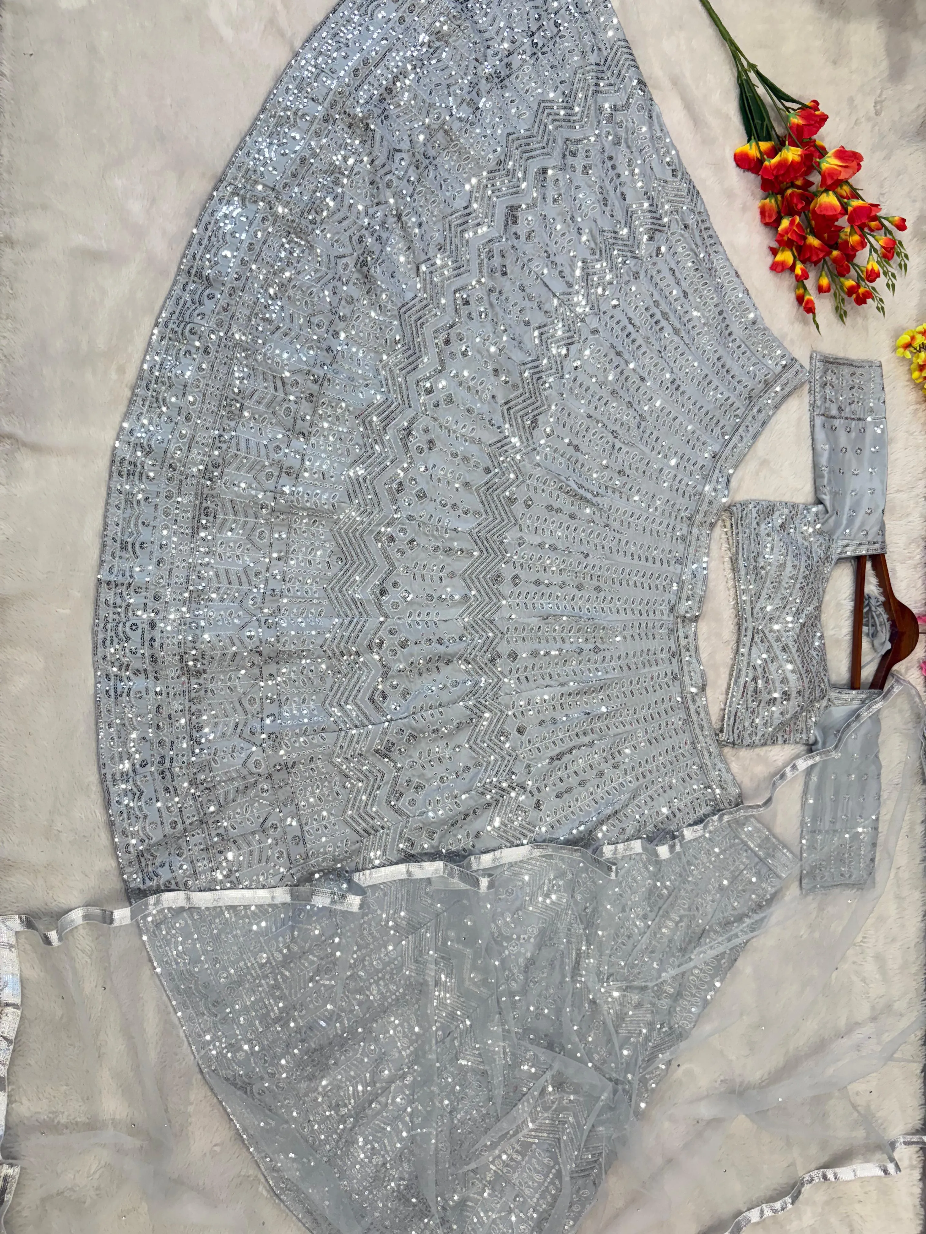 Grey Color Silk Sequence Work Semi Stitched Lehenga Choli
