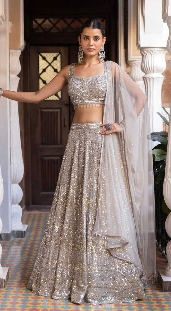 Grey Color Silk Sequence Work Semi Stitched Lehenga Choli