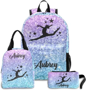 Gymnastic Pink Purple Sequins Personalized Backpack Set for Teen Boys Girls with Lunch Box & Pencil Pouch Bag Travel Backpack