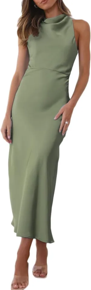 Halfisland Satin High Neck Backless Sleeveless Midi Dresses for Women Elegant Mock Neck High Waist Cross Back Cocktail Dress