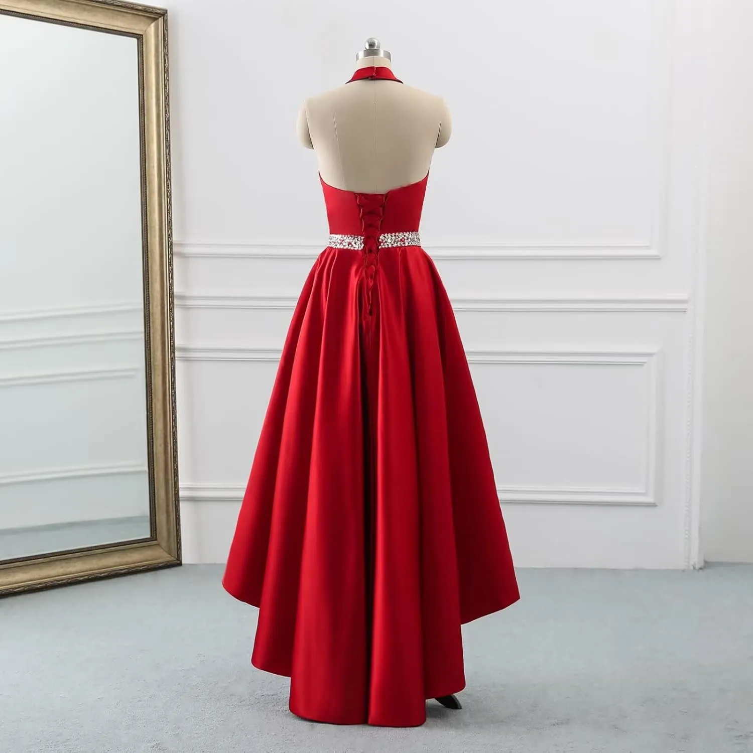 Halter Satin Prom Dresses for Women High Low Ball Gowns Beaded A-line Formal Dress Wedding Party Gown with Pockets