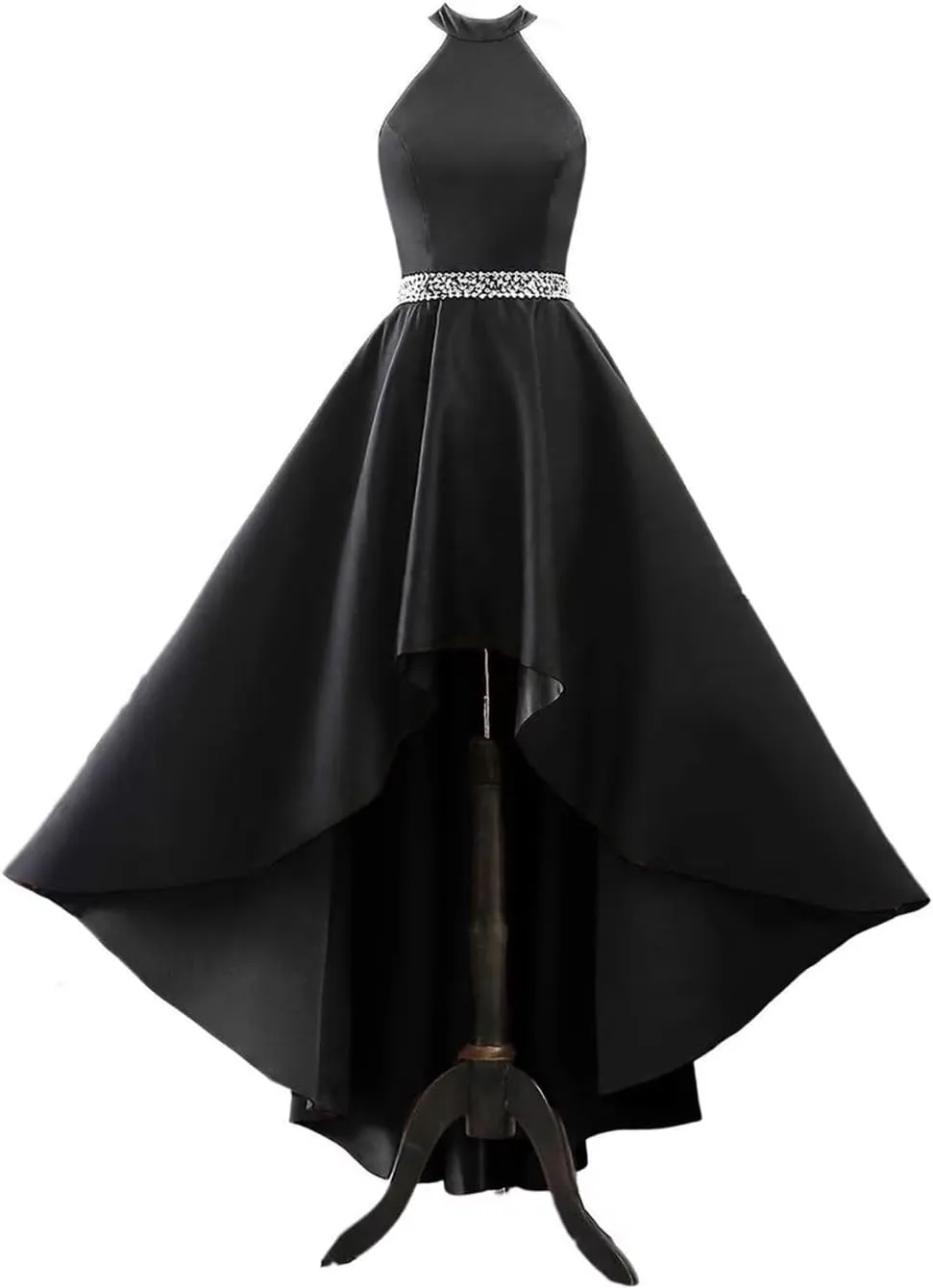 Halter Satin Prom Dresses for Women High Low Ball Gowns Beaded A-line Formal Dress Wedding Party Gown with Pockets