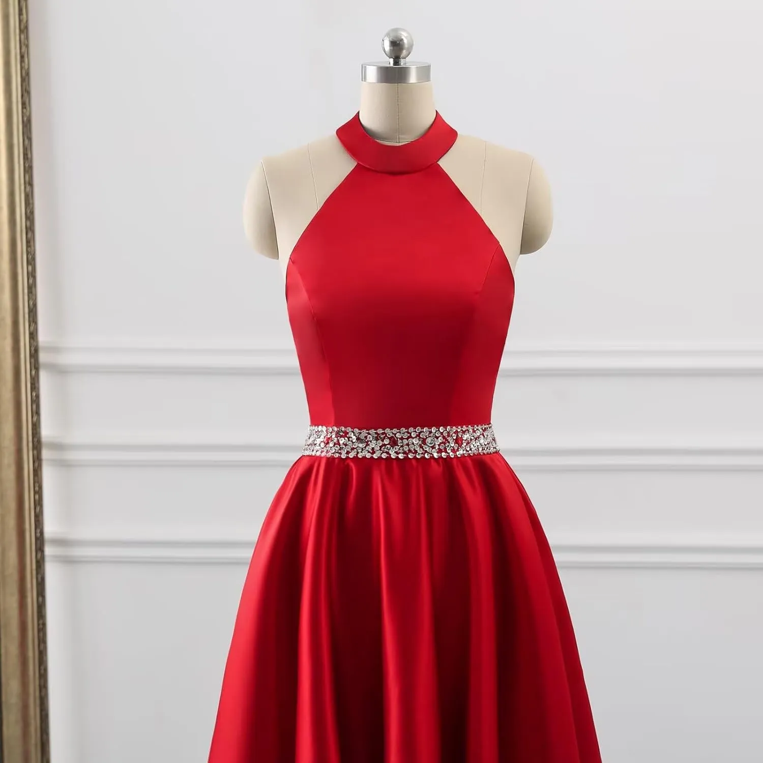 Halter Satin Prom Dresses for Women High Low Ball Gowns Beaded A-line Formal Dress Wedding Party Gown with Pockets