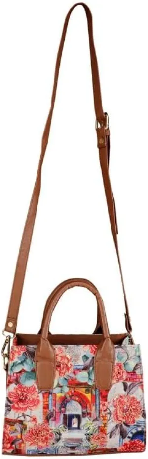 Handcraft Printed Canvas And Vegan Leather Archs Floral Hand Held Bag Stylish Casual Purse For Women