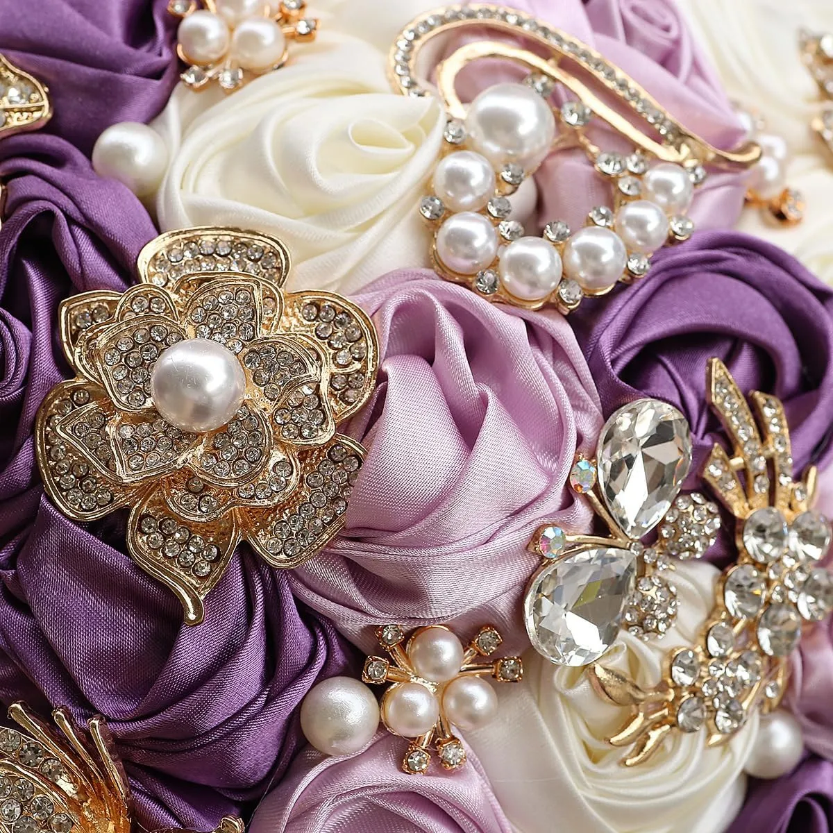 Handmade Rhinestone Bridal Bouquet,Crystal Wedding Round Tossing Bouquet,Artificial Flower Bunch for Bride Bridesmaid (Purple&Ivory, Medium (Dia. 8.7"/22cm))