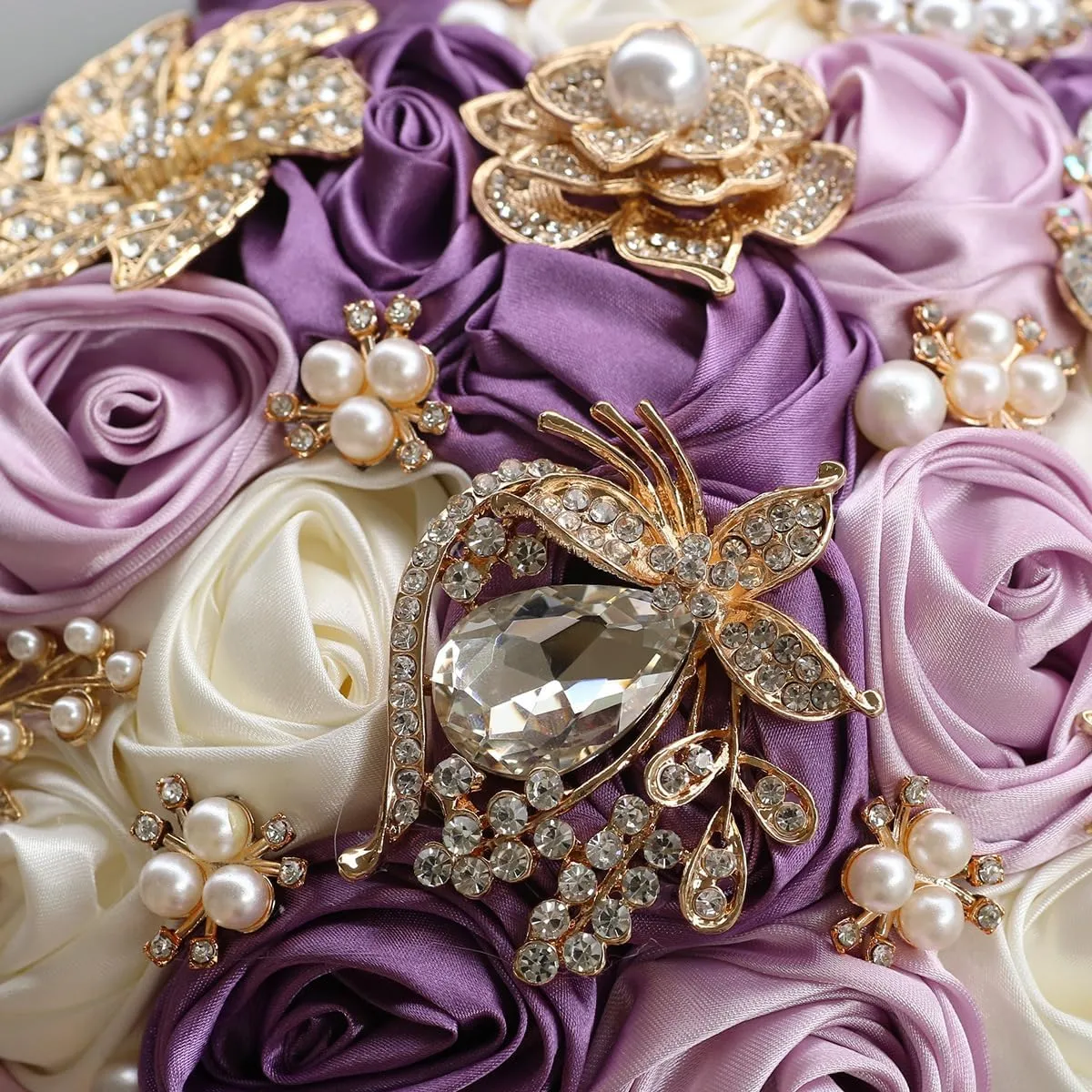 Handmade Rhinestone Bridal Bouquet,Crystal Wedding Round Tossing Bouquet,Artificial Flower Bunch for Bride Bridesmaid (Purple&Ivory, Medium (Dia. 8.7"/22cm))