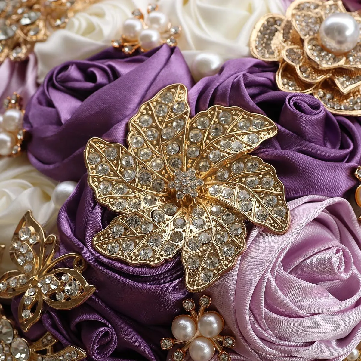 Handmade Rhinestone Bridal Bouquet,Crystal Wedding Round Tossing Bouquet,Artificial Flower Bunch for Bride Bridesmaid (Purple&Ivory, Medium (Dia. 8.7"/22cm))