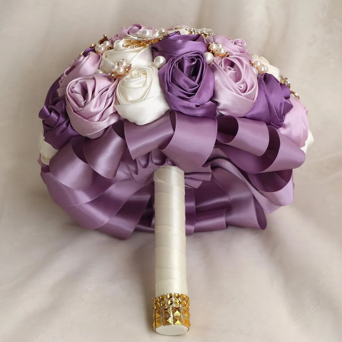 Handmade Rhinestone Bridal Bouquet,Crystal Wedding Round Tossing Bouquet,Artificial Flower Bunch for Bride Bridesmaid (Purple&Ivory, Medium (Dia. 8.7"/22cm))