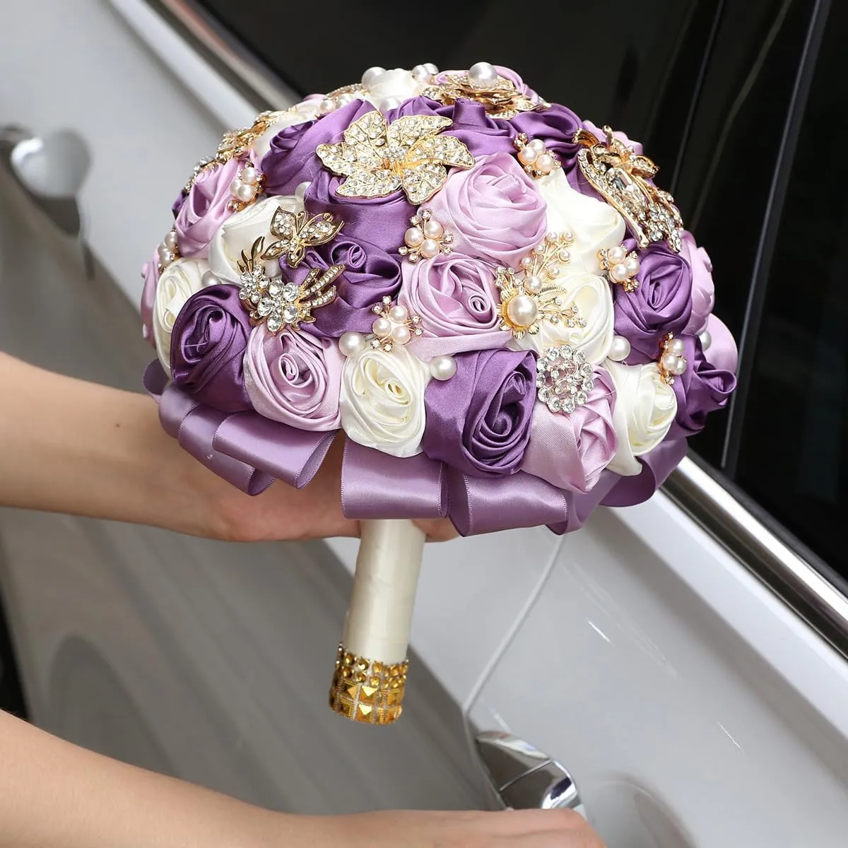 Handmade Rhinestone Bridal Bouquet,Crystal Wedding Round Tossing Bouquet,Artificial Flower Bunch for Bride Bridesmaid (Purple&Ivory, Medium (Dia. 8.7"/22cm))
