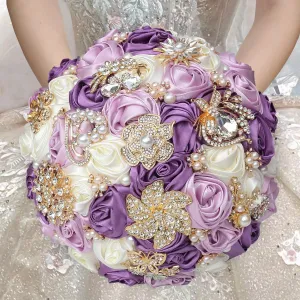 Handmade Rhinestone Bridal Bouquet,Crystal Wedding Round Tossing Bouquet,Artificial Flower Bunch for Bride Bridesmaid (Purple&Ivory, Medium (Dia. 8.7"/22cm))