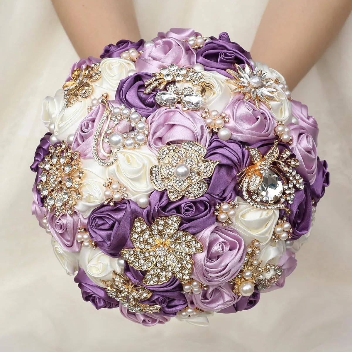 Handmade Rhinestone Bridal Bouquet,Crystal Wedding Round Tossing Bouquet,Artificial Flower Bunch for Bride Bridesmaid (Purple&Ivory, Medium (Dia. 8.7"/22cm))