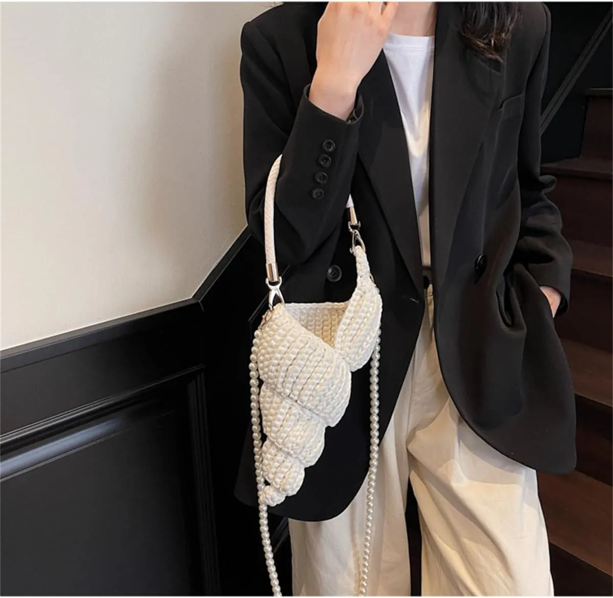 Handwoven Fashion Seashell Bag,Womens Stylish & Unique Boho Clutch with Pearl Strap,Crochet Leather Handle Beach Bag