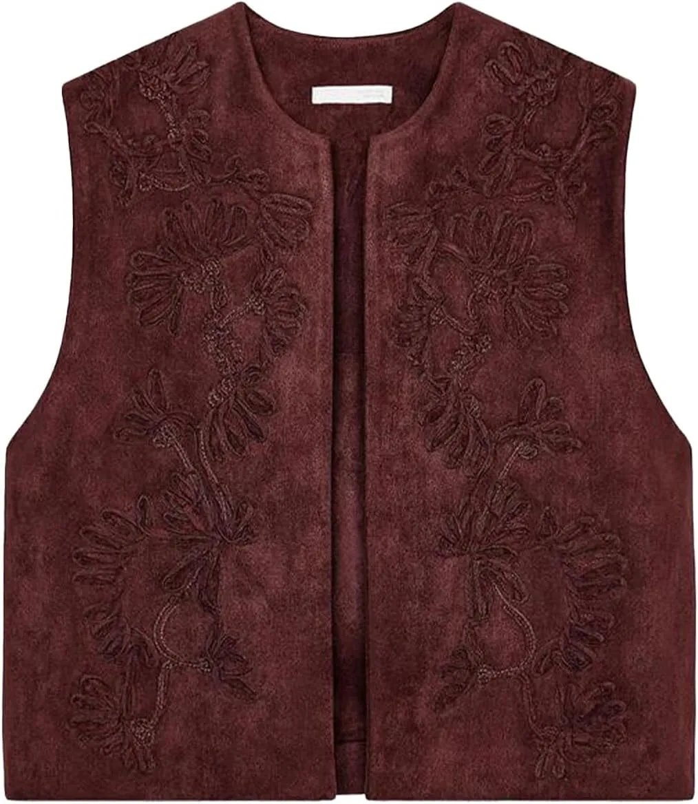 hathne Embroidered Faux Suede Vest for Women Floral Embroidered Vest Sleeveless Open Front Vintage Vests