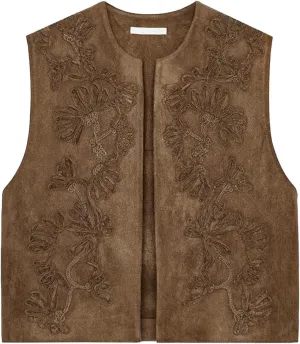 hathne Embroidered Faux Suede Vest for Women Floral Embroidered Vest Sleeveless Open Front Vintage Vests