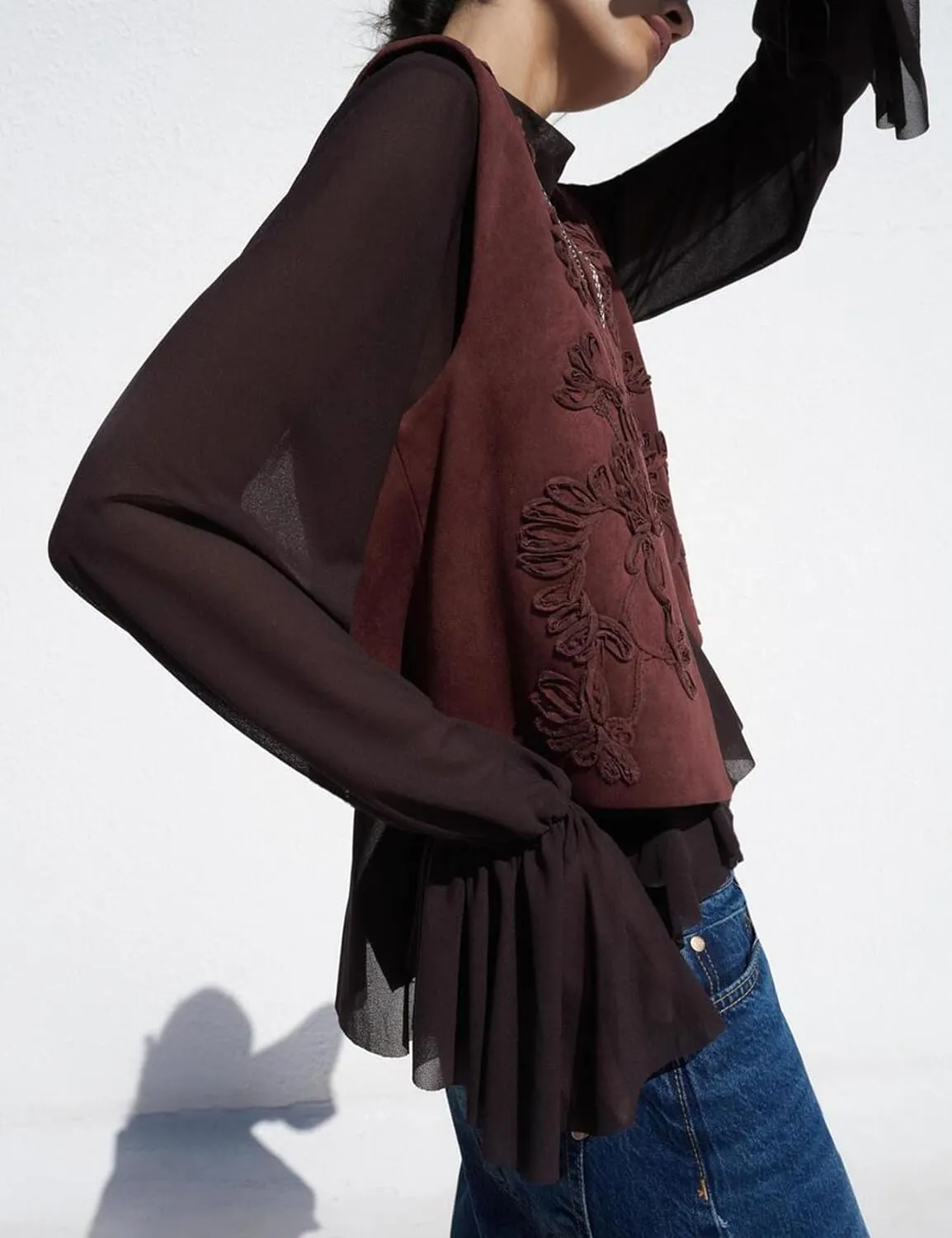 hathne Embroidered Faux Suede Vest for Women Floral Embroidered Vest Sleeveless Open Front Vintage Vests