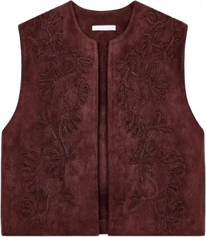hathne Embroidered Faux Suede Vest for Women Floral Embroidered Vest Sleeveless Open Front Vintage Vests