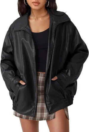 hathne Women's Oversized Leather Jackets Faux Zip Up Fall Fashion Motorcycle Jackets Coats Winter Clothes