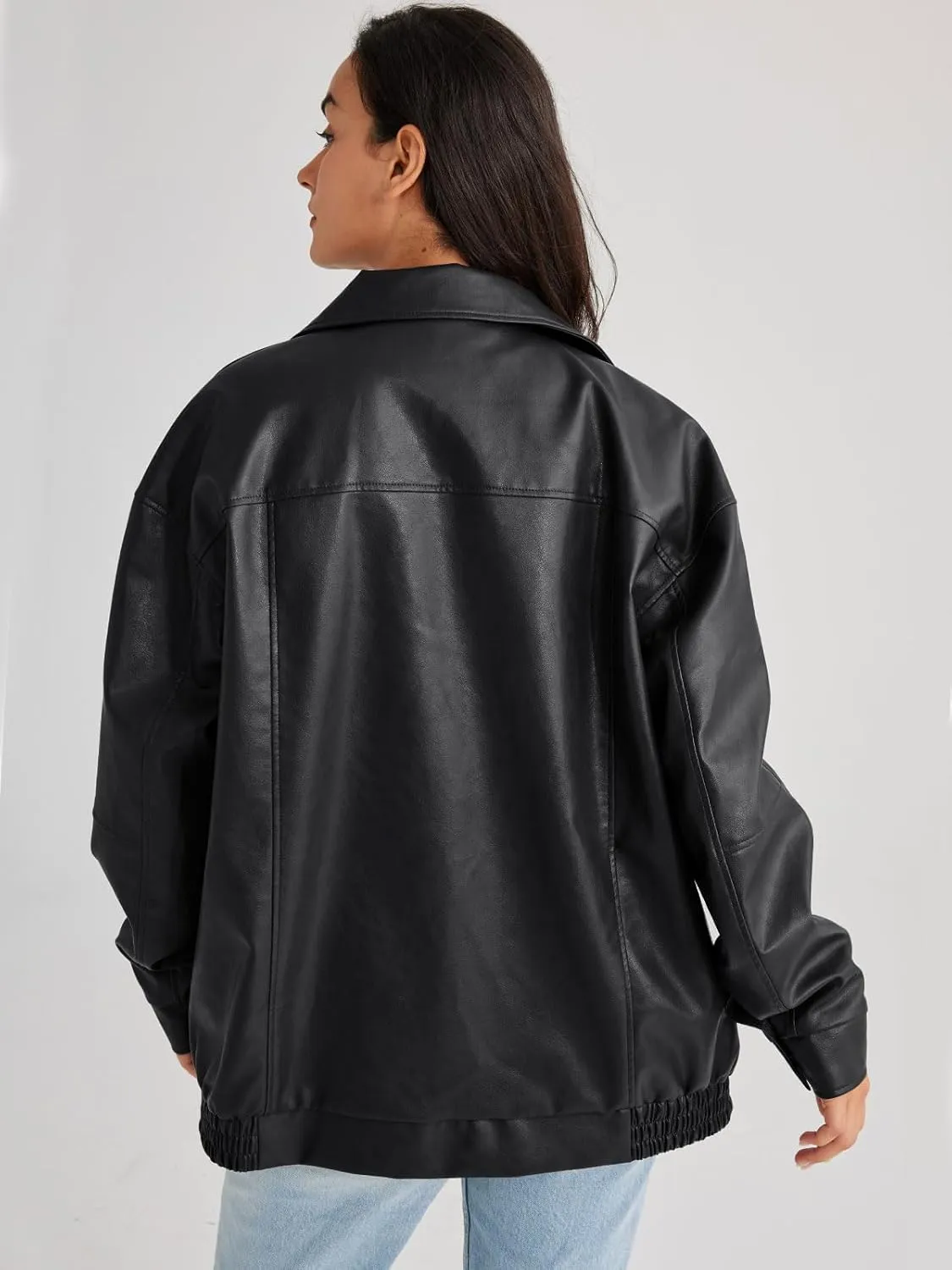 hathne Women's Oversized Leather Jackets Faux Zip Up Fall Fashion Motorcycle Jackets Coats Winter Clothes