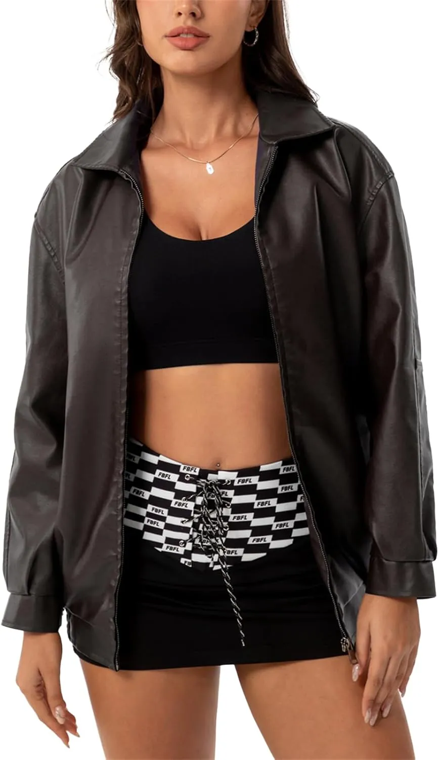 hathne Women's Oversized Leather Jackets Faux Zip Up Fall Fashion Motorcycle Jackets Coats Winter Clothes