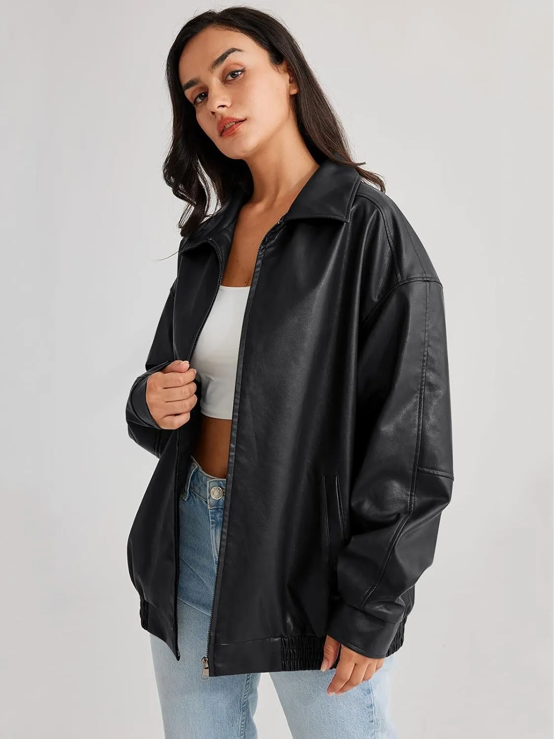 hathne Women's Oversized Leather Jackets Faux Zip Up Fall Fashion Motorcycle Jackets Coats Winter Clothes