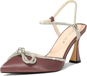 HDEUOLM Womens Stiletto High Heel Pointed Toe Pumps Slingback Ankle Strap Buckle Rhinestone Crystal Bow-Knot Prom Dress Satin 3.9 Inches Shoes