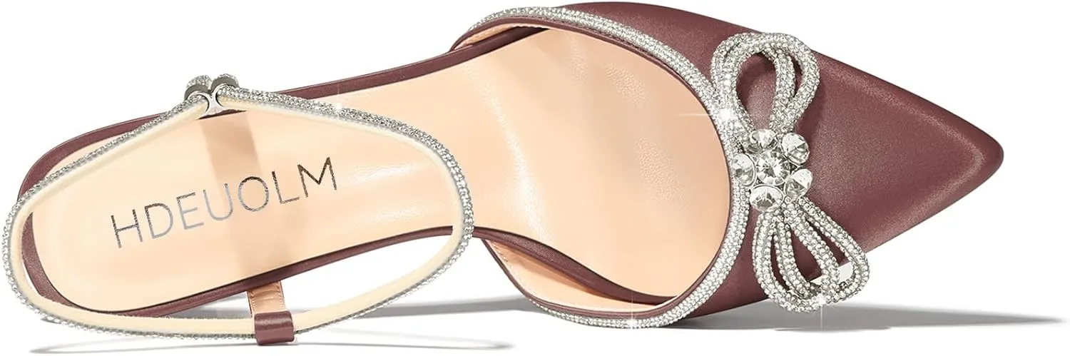 HDEUOLM Womens Stiletto High Heel Pointed Toe Pumps Slingback Ankle Strap Buckle Rhinestone Crystal Bow-Knot Prom Dress Satin 3.9 Inches Shoes