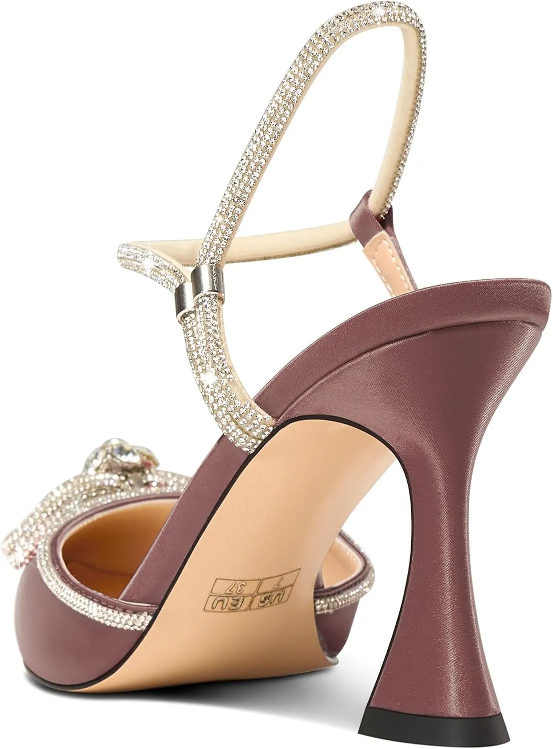 HDEUOLM Womens Stiletto High Heel Pointed Toe Pumps Slingback Ankle Strap Buckle Rhinestone Crystal Bow-Knot Prom Dress Satin 3.9 Inches Shoes