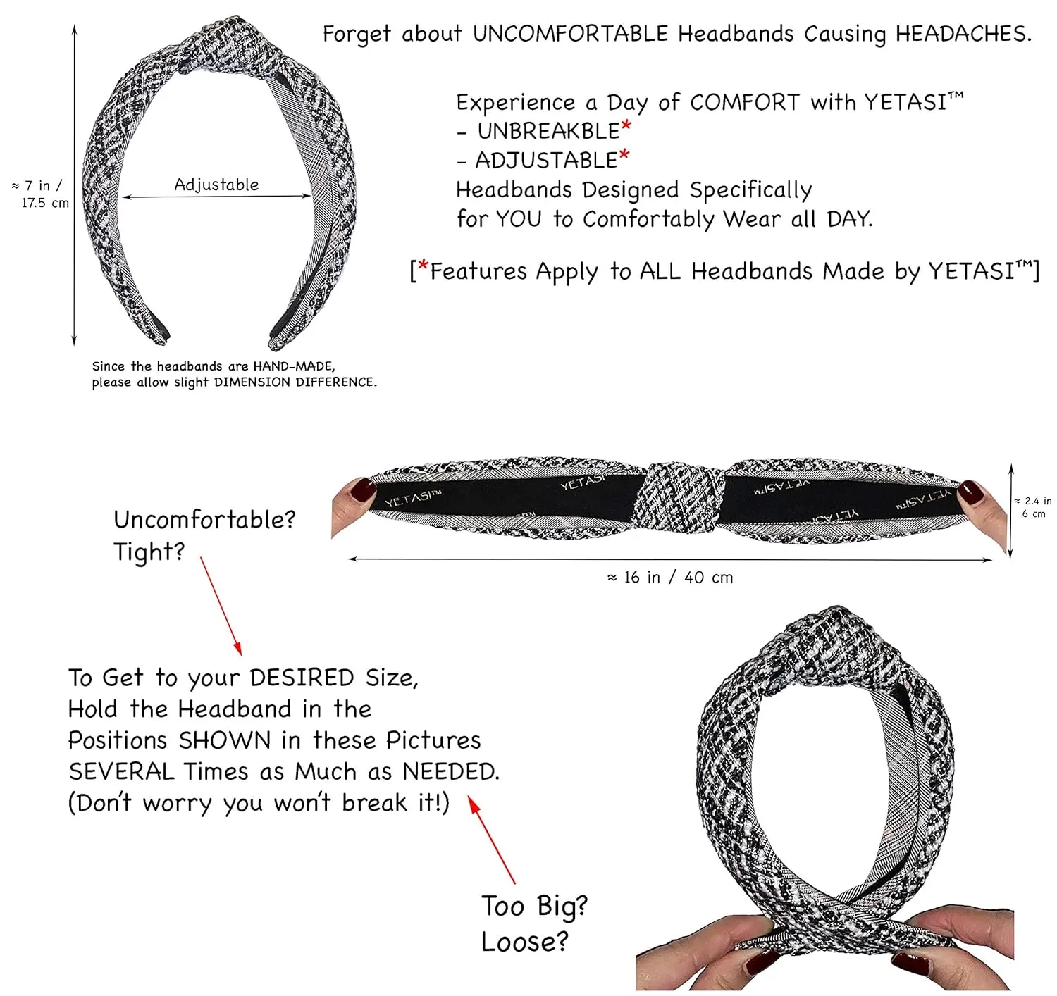 Headbands for Women Black Satin,Elegant Knotted Headband for Women Made of Non-Slip Silk Quality Satin Fabric, Top Knot Head band is Womens Headbands Fashion Designer