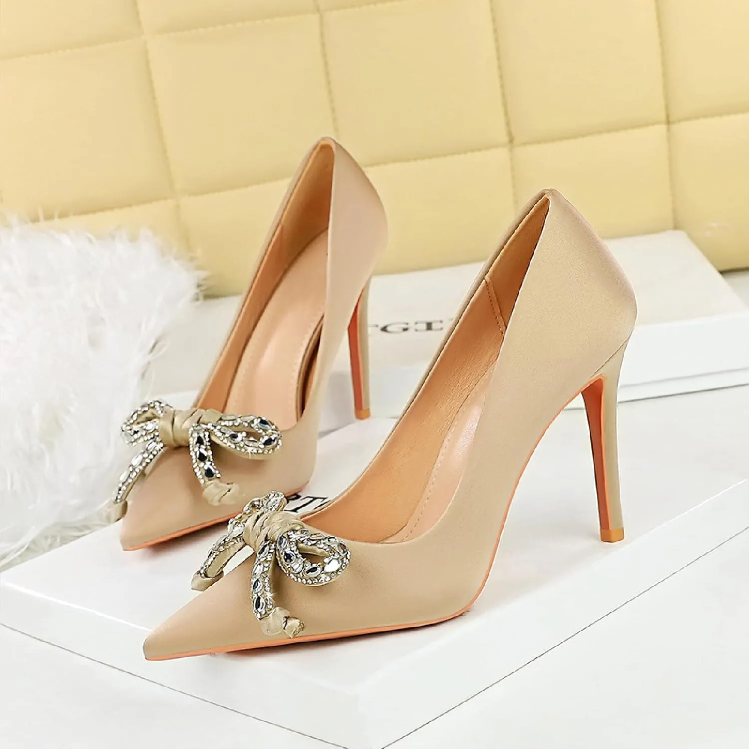 HEBHG Women's Satin Shiny Bow Stilettos Sexy Rhinestone Closed Pointed Toe Slip On Dress Pumps Fashion Elegant Versatile Wedding Bridal Party Shoes