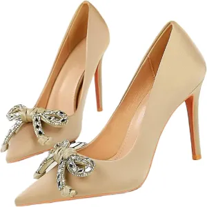 HEBHG Women's Satin Shiny Bow Stilettos Sexy Rhinestone Closed Pointed Toe Slip On Dress Pumps Fashion Elegant Versatile Wedding Bridal Party Shoes
