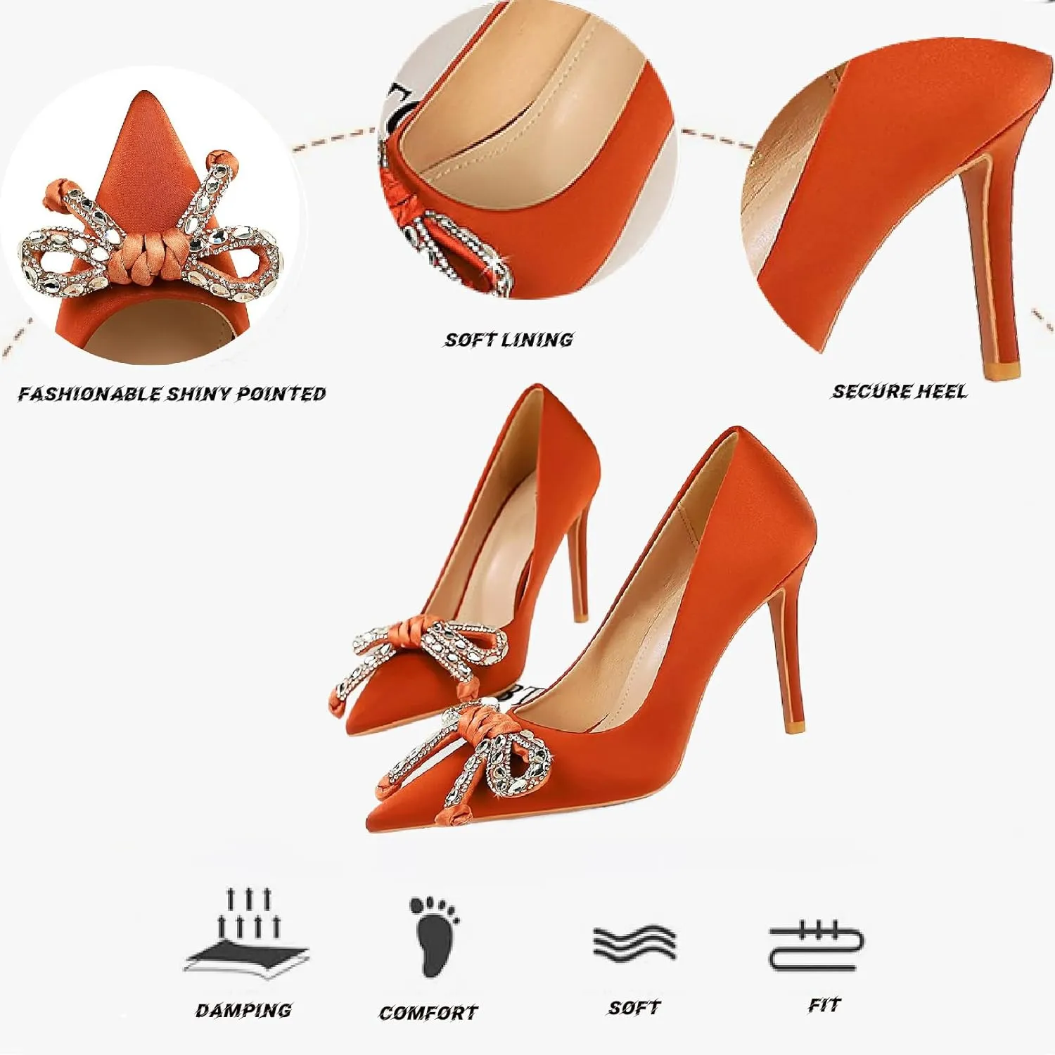 HEBHG Women's Satin Shiny Bow Stilettos Sexy Rhinestone Closed Pointed Toe Slip On Dress Pumps Fashion Elegant Versatile Wedding Bridal Party Shoes