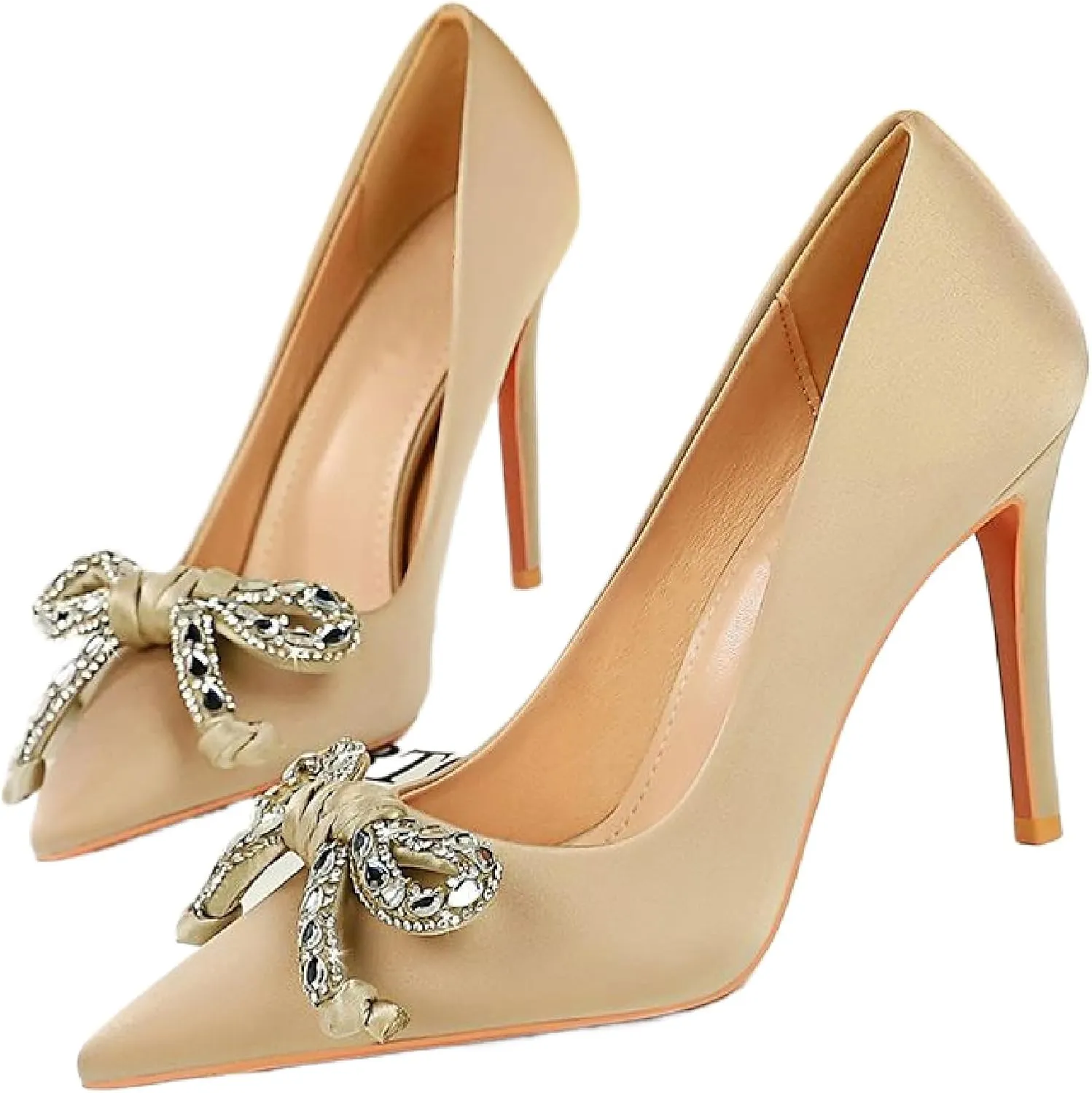 HEBHG Women's Satin Shiny Bow Stilettos Sexy Rhinestone Closed Pointed Toe Slip On Dress Pumps Fashion Elegant Versatile Wedding Bridal Party Shoes