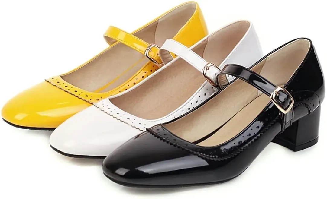 Hee grand Vintage Mary Jane Shoes Chunky Heels for Women Square Toe Adjustable Strap Pump PU Leather Brogue Work Heels Dress Shoes