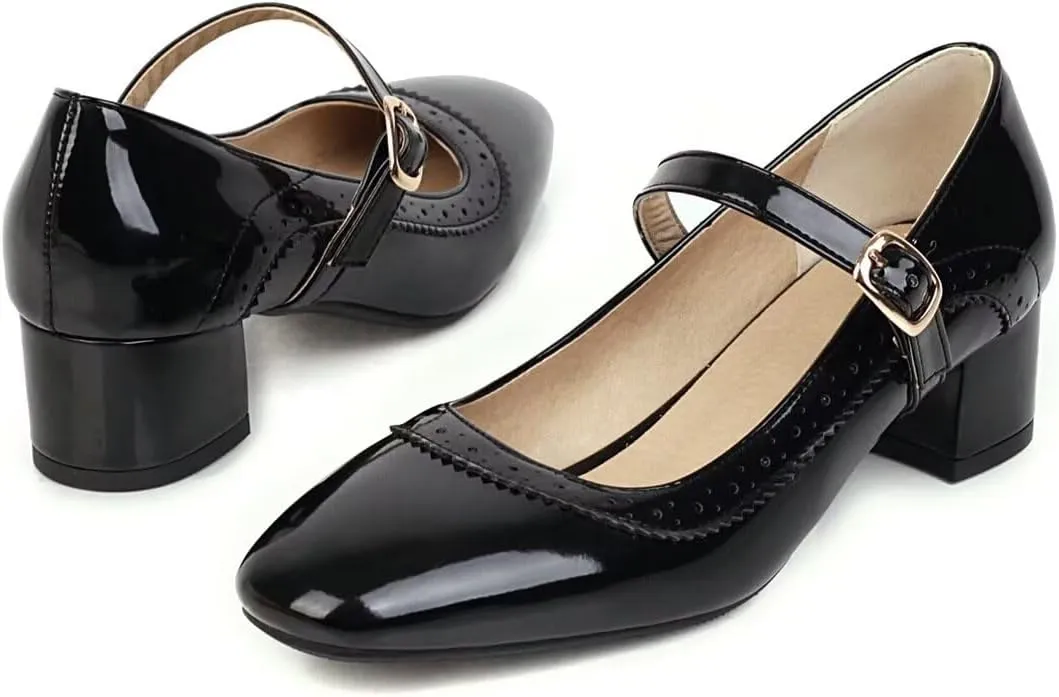 Hee grand Vintage Mary Jane Shoes Chunky Heels for Women Square Toe Adjustable Strap Pump PU Leather Brogue Work Heels Dress Shoes